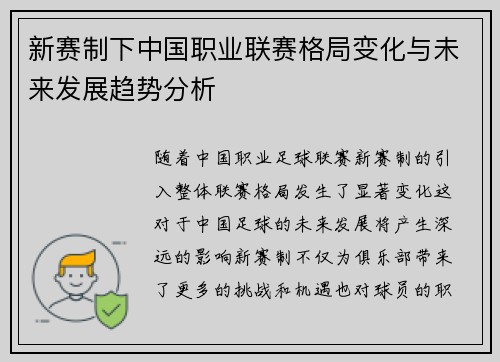 新赛制下中国职业联赛格局变化与未来发展趋势分析