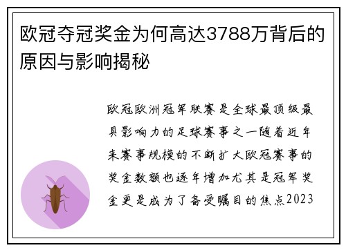 欧冠夺冠奖金为何高达3788万背后的原因与影响揭秘