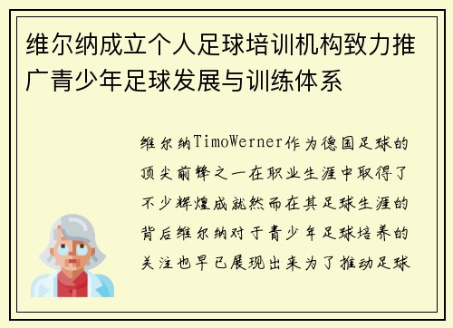 维尔纳成立个人足球培训机构致力推广青少年足球发展与训练体系