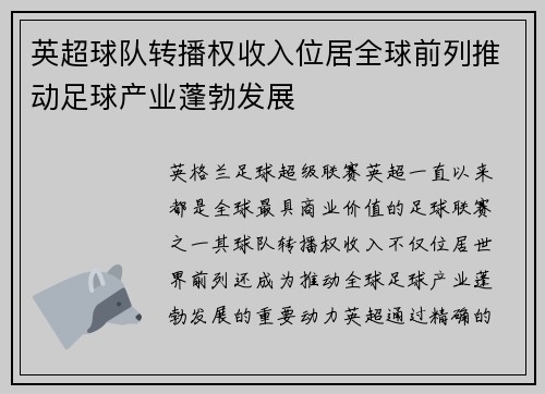 英超球队转播权收入位居全球前列推动足球产业蓬勃发展
