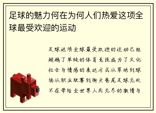 足球的魅力何在为何人们热爱这项全球最受欢迎的运动